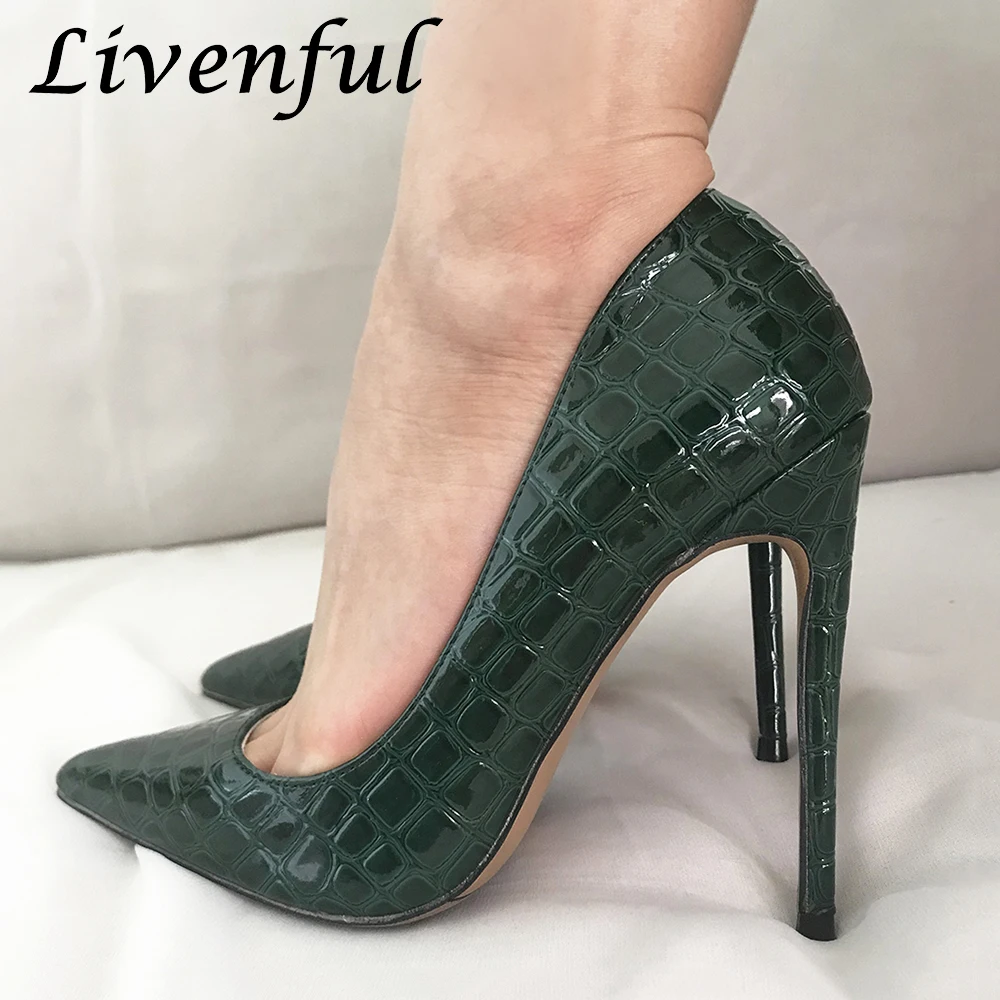 

Classic 12cm Crocodile Print Sexy Green Stilettos Women Pumps Extreme High Heels Pointed Toe Model Show Party Shoes Plus Size 46