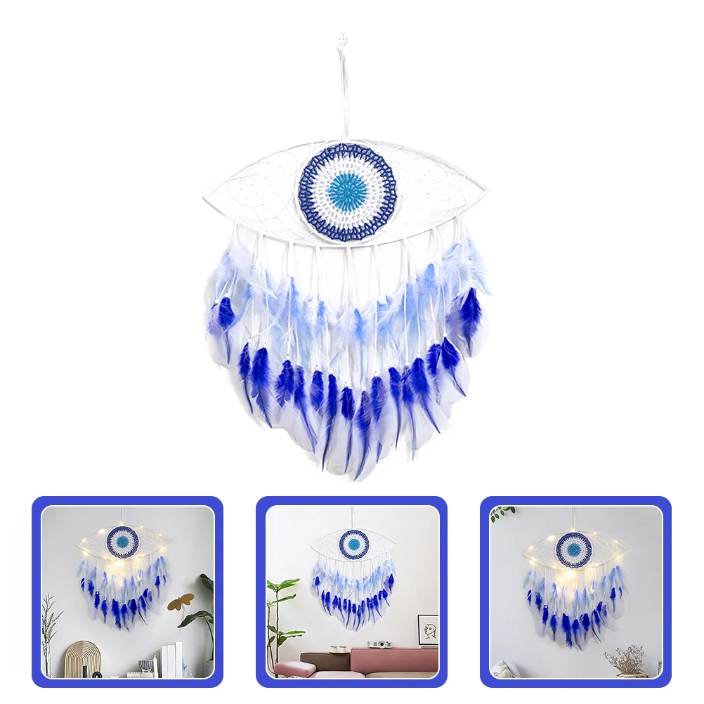 

Blue Eyes Dream Catcher Handmade Plumes Dreamcatcher Wall Hanging Adorn Boho Lights Pendant Room Decor Wind Chimes