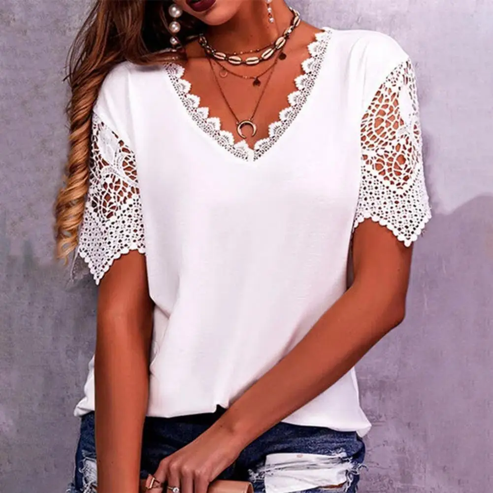 

V-Neck Summer Women T-shirt Lace Hollow Stitching Petal Short Sleeve Casual Loose Solid Color Elegant Blouse Tops blusas mujer