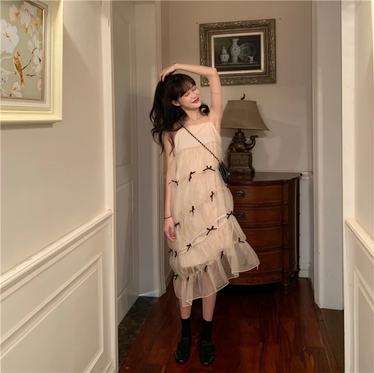 

Spring women's Medium Length Dress Sweet Wind Organza New Bow Sling