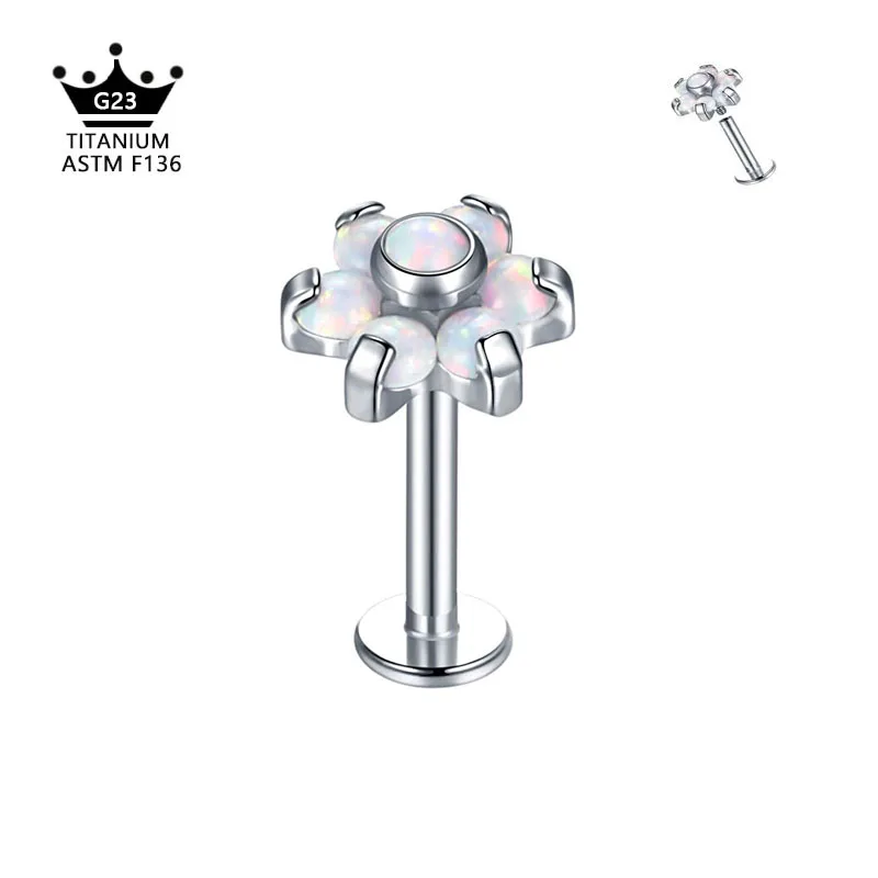 

G23 Titanium Opal Gem Labret Stud Lip Bar Ring Cubic Zircon Flower Ear Cartilage Tragus Helix Piercing Screw Fit Top 16g