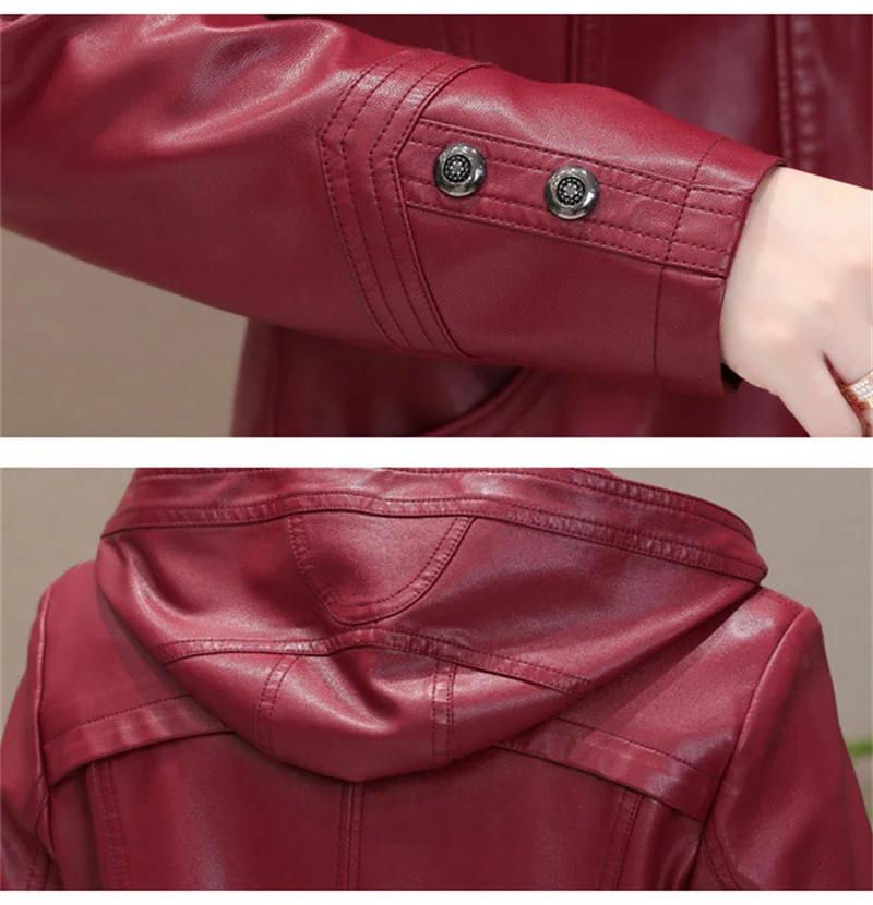 Autumn And Winter Middle-aged Mother Women's Casual Hooded Faux Leather Jacket Soft PU Leather Coat enlarge