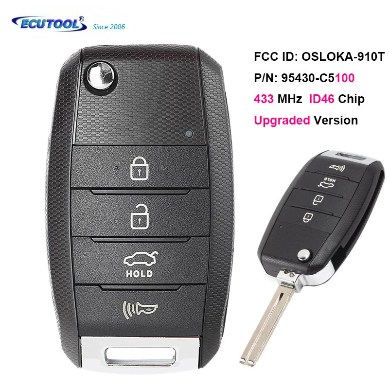 

ECUTOOL 4Buttons 433MHz ID46 Chip For Kia Sorento 2016 2017 2018 2019 Upgraded Remote Key Fob 95430-C5100 OSLOKA-910T LEFT Blade