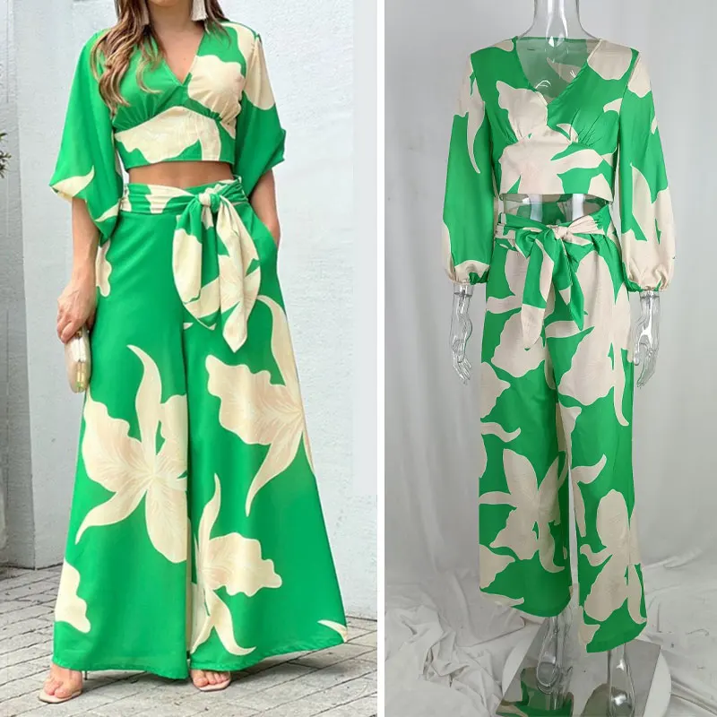 

Fashion Autumn Print Sets Female Puff Sleeve Short V Neck Top+Wide Leg Long Pants Streetwear Women Two Pieces Suits