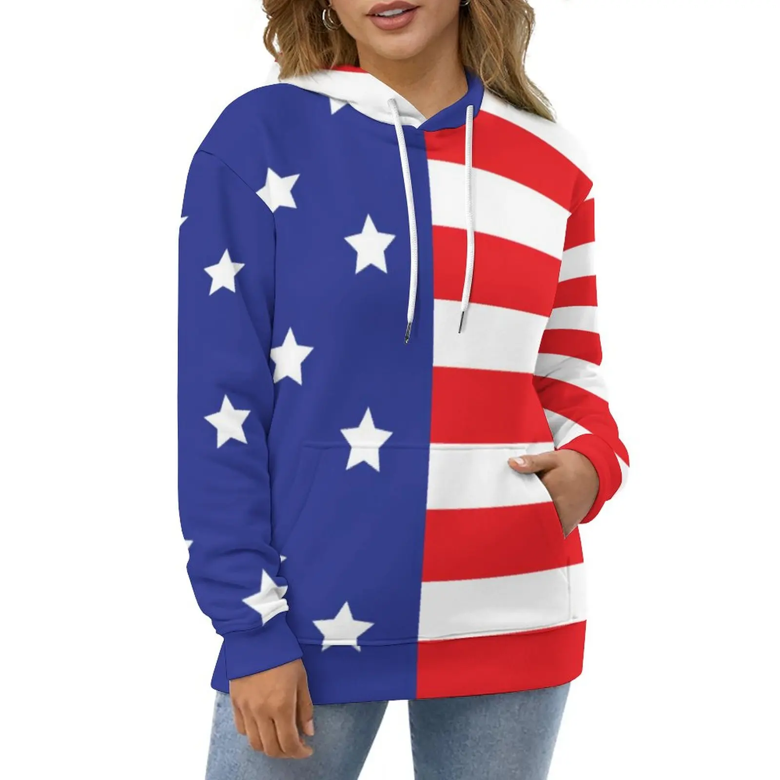 

Повседневные толстовки с американским флагом, милые свободные худи с рисунком звезд и полос, свитшоты оверсайз в стиле хип-хоп с длинным рук...