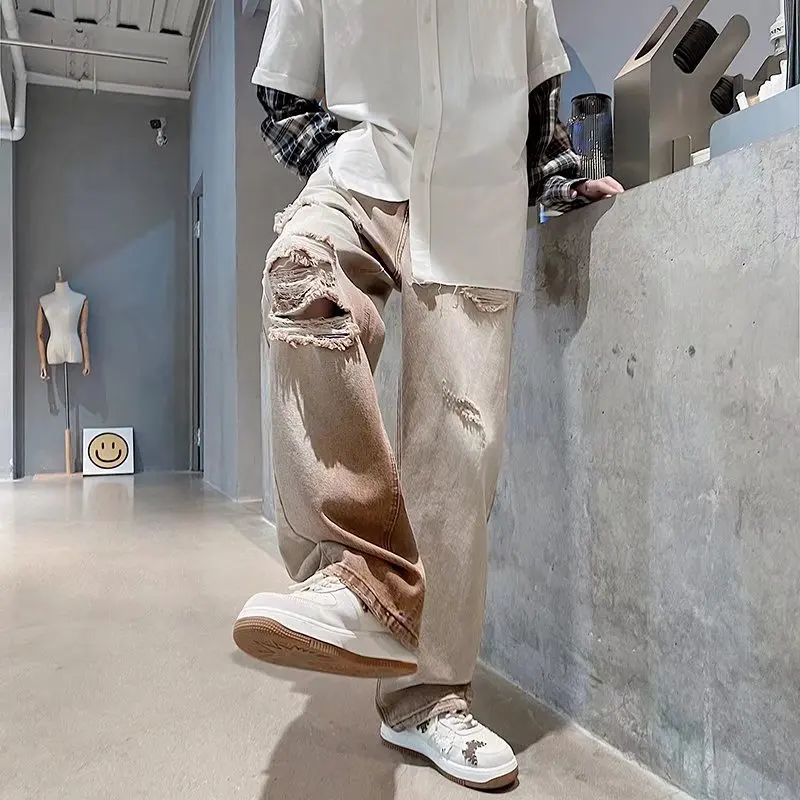 Denim Retro Ripped Patch Jeans Men Hot Sell Fashion Straight Casual New Style Streetwear Pants