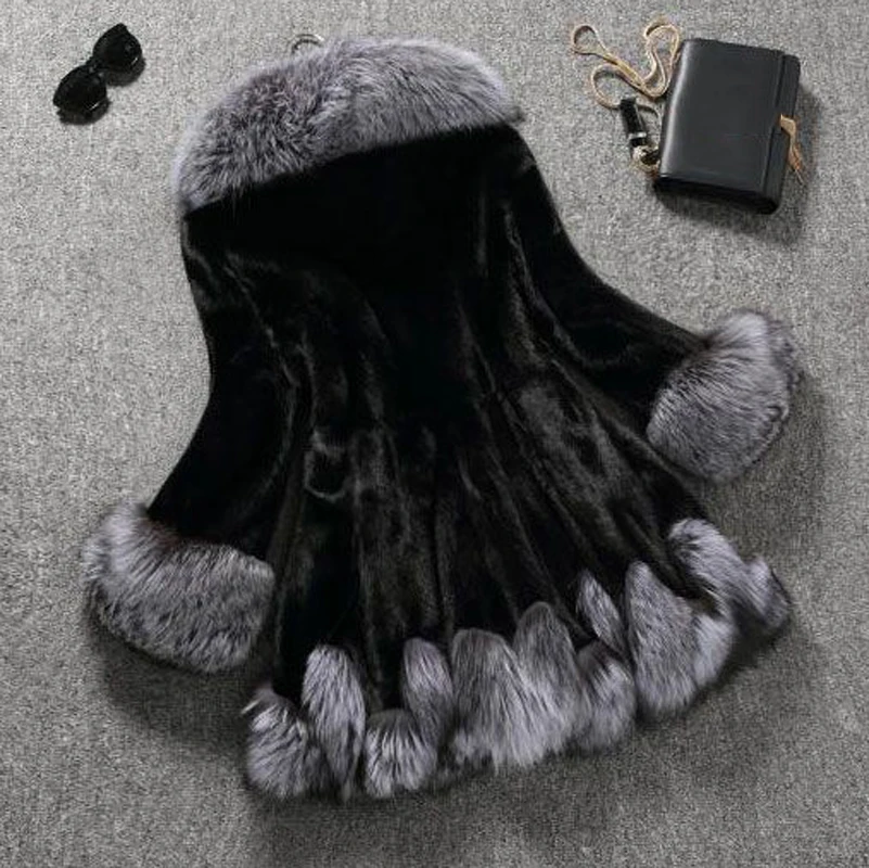 2021 New Coat White Gray Outerwear with Fur Hat Women Mink Luxury Long Coats Imitation Faux Fur Jackets Female Thick Jacket Ins