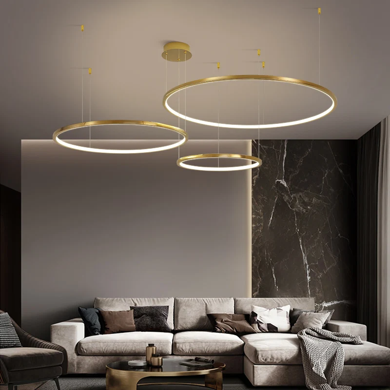 

Art Modern Gold LED Chandelier For Dining Living Room Round Rings Indoor Lighting Fixtures Simple Stainless Steel Hanging Lamp