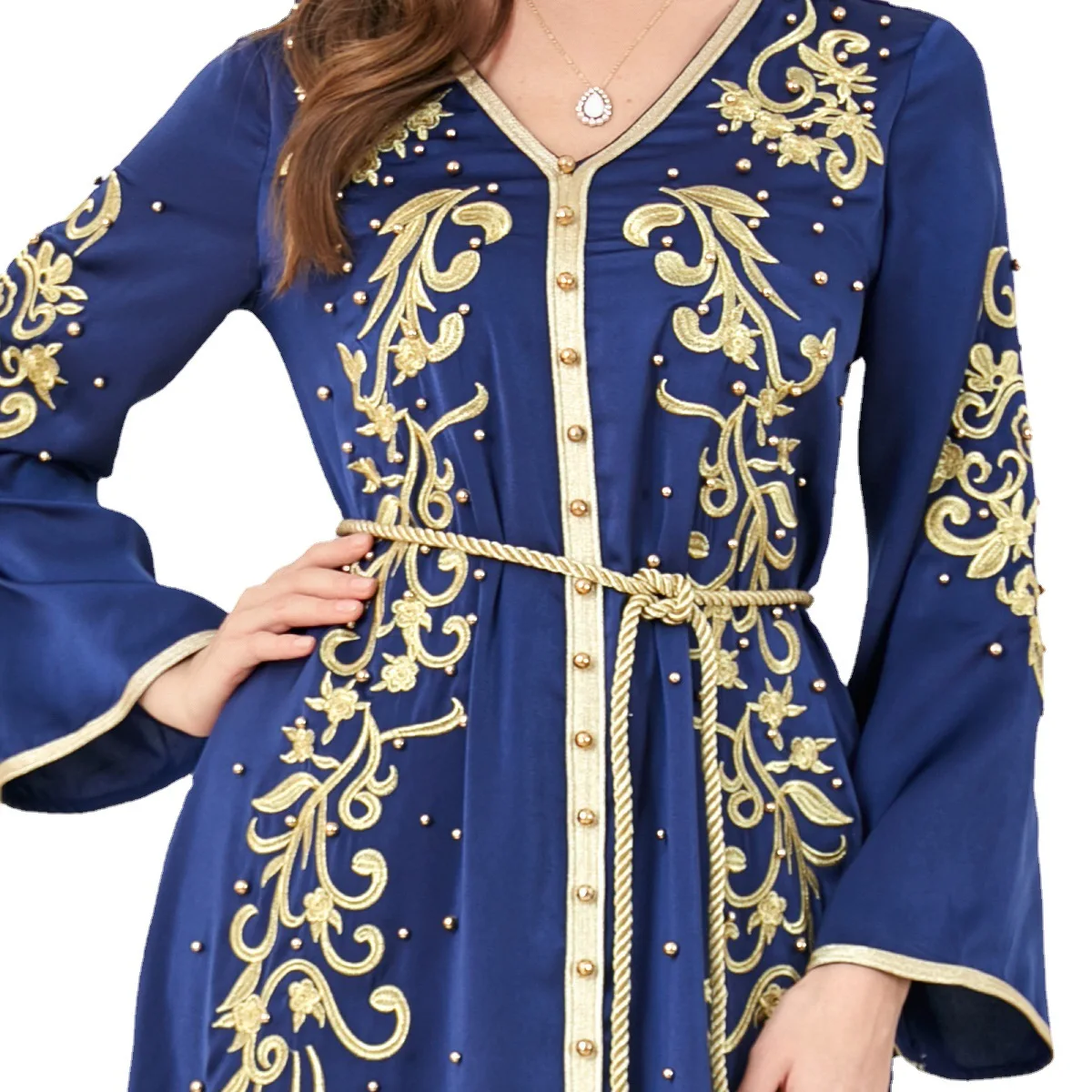 Elegant Casual Floral Embroidery Beaded Long Sleeve Muslim Dresses Party Belted Kaftan Modest Clothing Women Ramadan