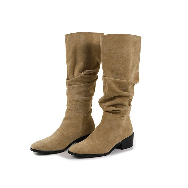 

Новые модные замшевые высокие сапоги с острым носком на толстом каблуке, коричневые плиссированные сапоги, ковбойские сапоги в западном стиле, рыцарские сапоги, женская обувь