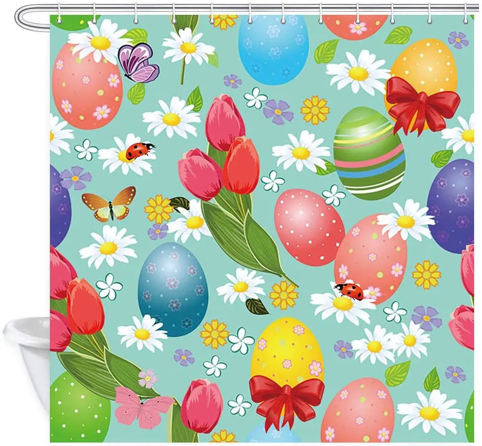 

Занавеска для душа на Пасху с яйцами, цветами и маргаритками