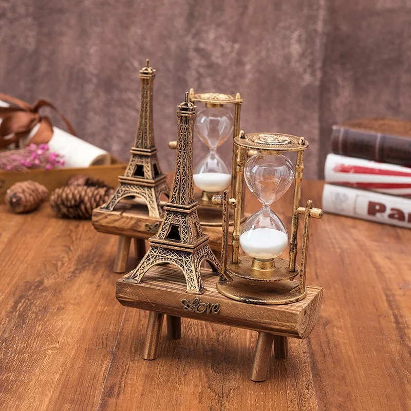 

Creative Gifts Retro Eiffel Tower Hourglass Decoration Ornament on Desktop Simple Modern Home Study Wooden Pendulum Sand Timer