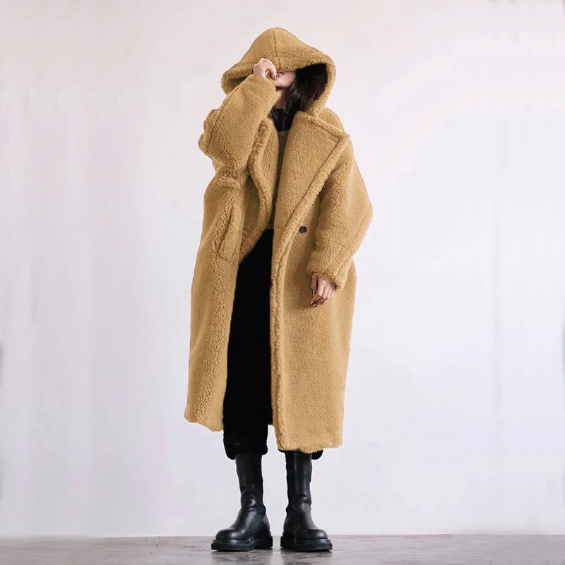 Autumn and winter casual fur coat women's coat medium long hooded lapel fashionable lamb fur temperament