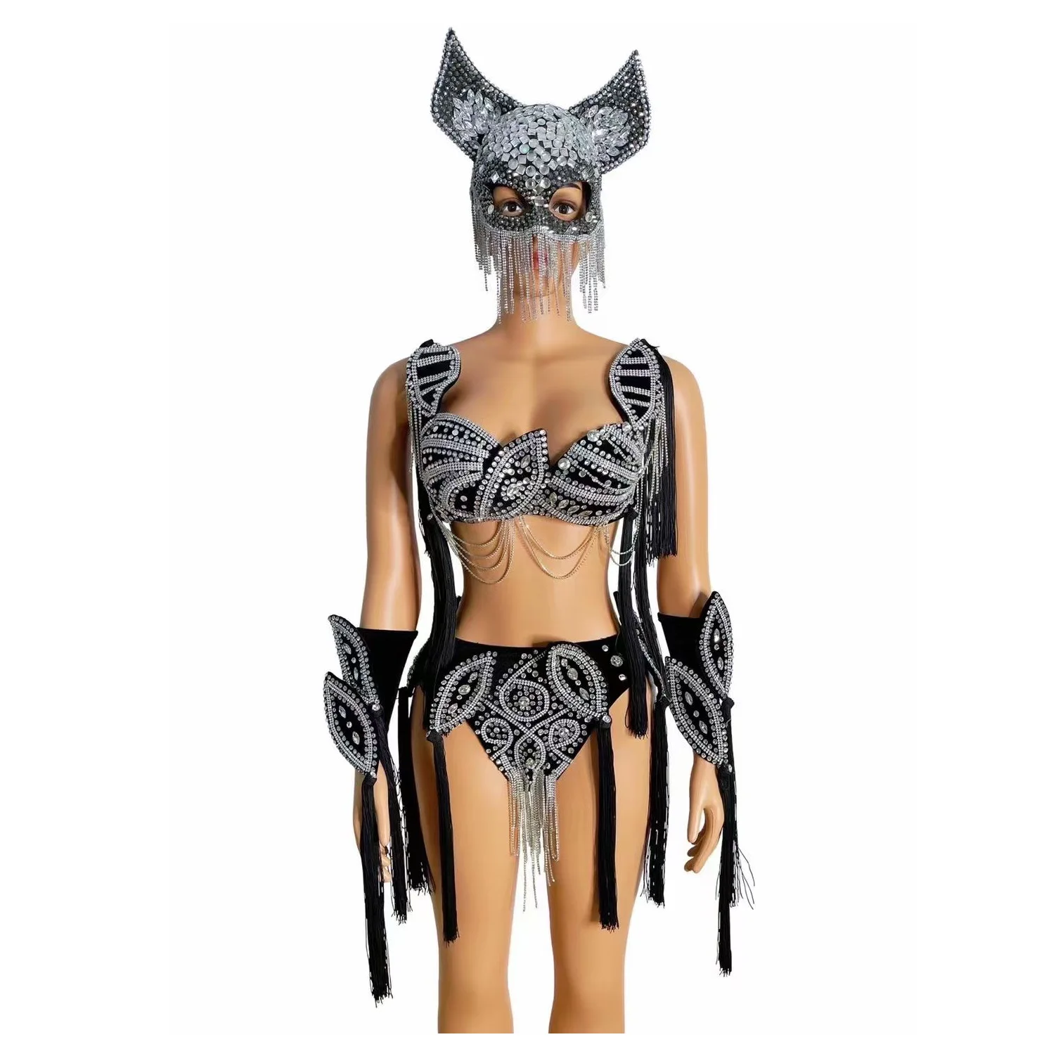

Black Shining Rhinestones Spaghetti Strap Bikini With Tassel Headdress For Women Nightclub Bar Wear Carnival Drag Queen Costume