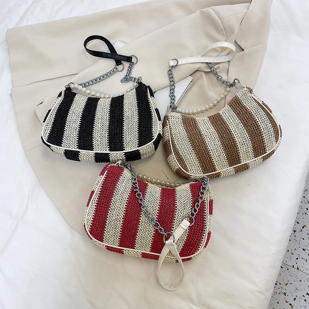 

Fashion Women Straw Woven Shoulder Crossbody Messenger Bag Summer Beach Pearl Handle Chain Saddle Bags Small Purse
