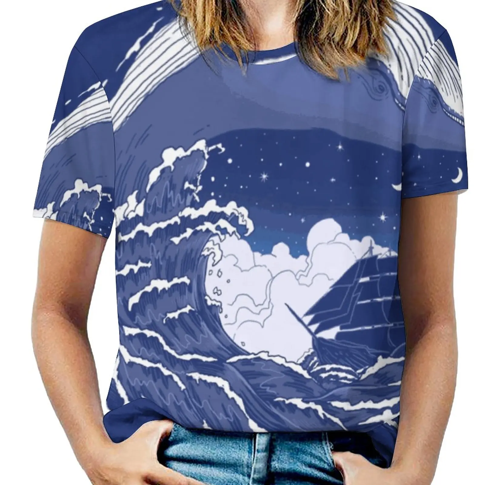 The Great Whale Women T-Shirt Crewneck Casual Short Sleeve Tops Summer Tees Animal Whale Ship Moon Wave Sea Blue Carbine