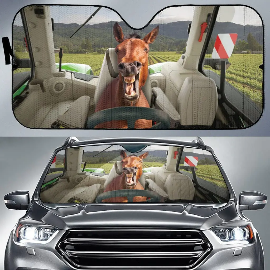 

Funny horse with sunglasses driving tractor car awning buggy windshield durable sun visor car windshield sunshades