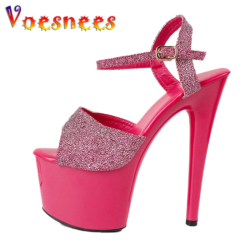 

Plus Size Models Super High Heels Summer 17CM Party Sandals Fashion Sequined Platform Women Shoes Nightclub Buckle Strap Pumps