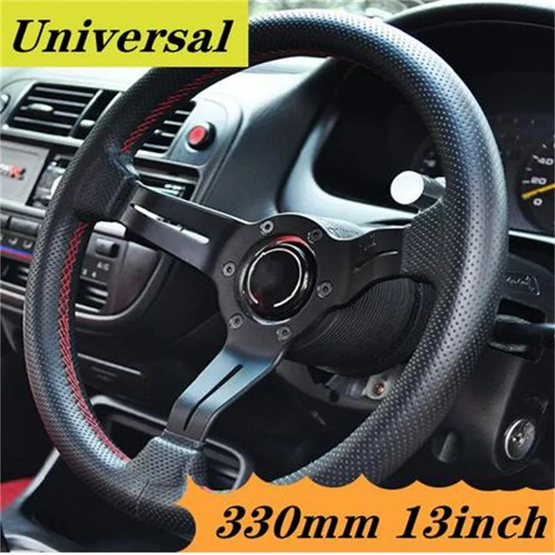 

330 мм 13 дюймов черный цвет спицы ГЛУБОКАЯ ТАРЕЛКА кожа тюнинг Дрифтинг гоночное рулевое колесо красная линия