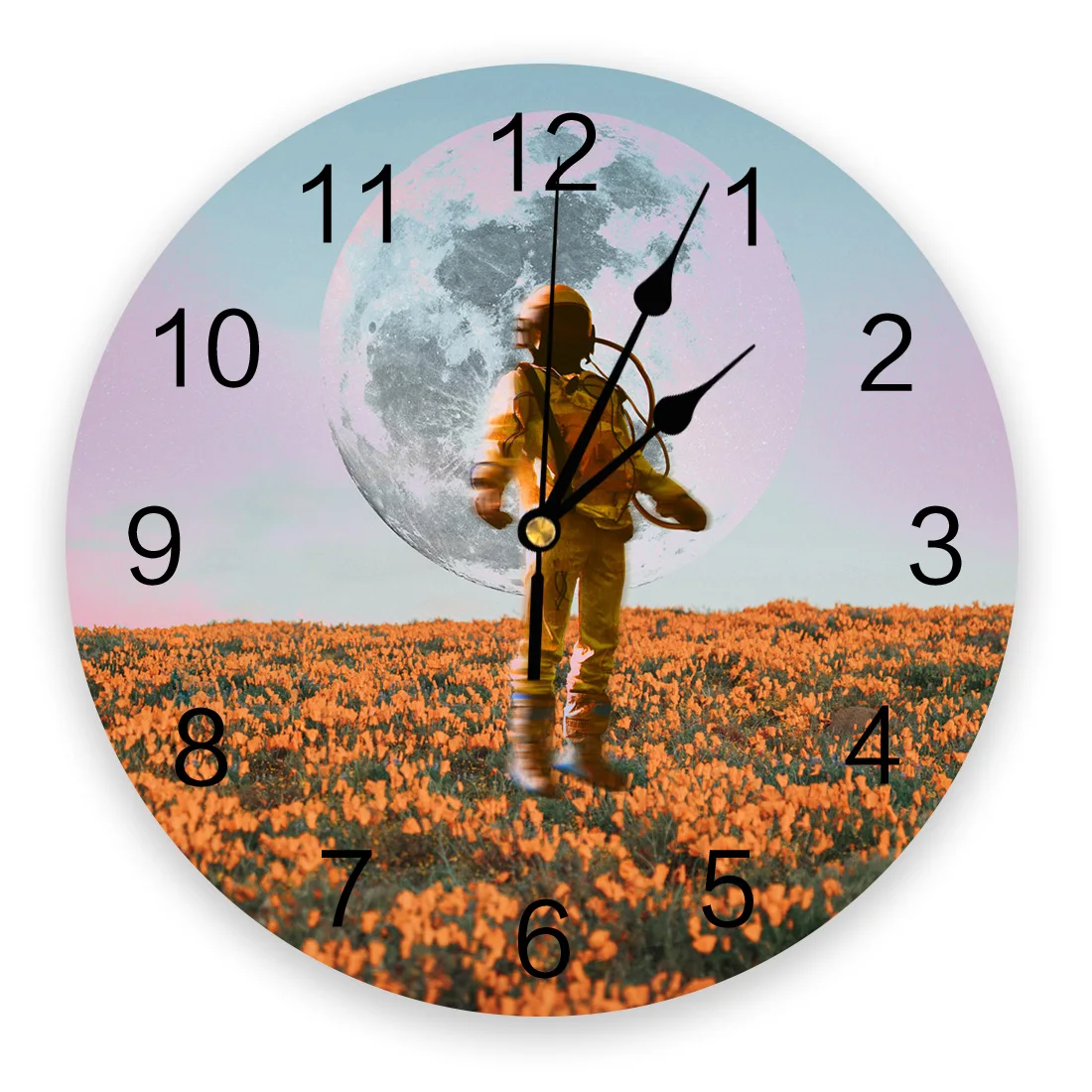 

Flowers Astronaut Moon PVC Wall Clocks for Living Room Bedroom Fashion Printed Hanging Watch for Office Cafe Home Silent Clock