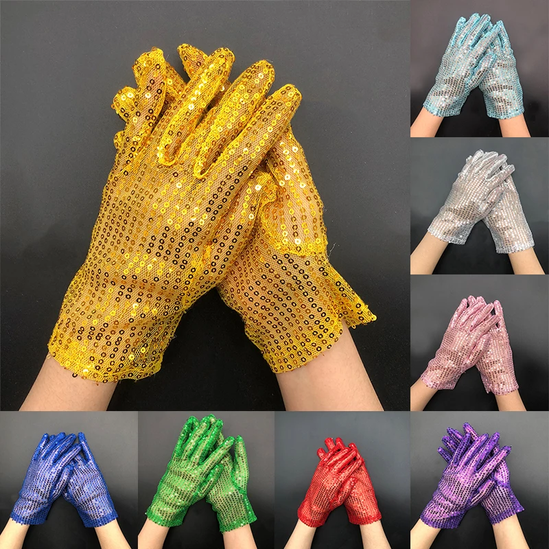 

1 Pairs Thin Pure Color Dance Shining Gloves Unisex Adult Sequins Short Gloves Glitter Stage Performance Costume Gloves