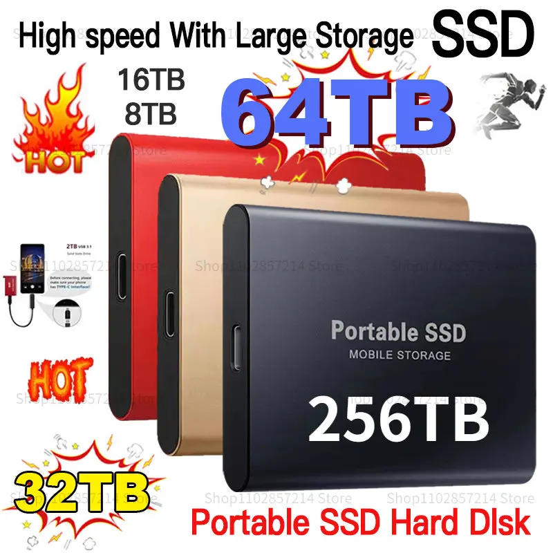 

Portable New 256TB 128TB 2TB SSD High-Speed Mobile Solid State Drive External Storage Type-C USB3.1 Interface for Laptop/PC/ Mac
