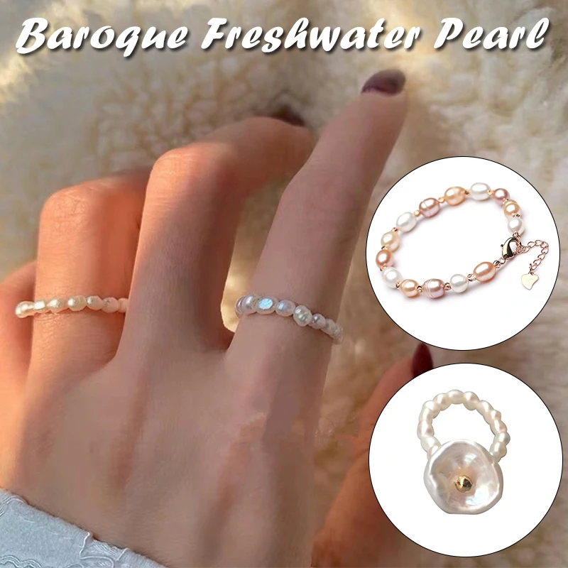 

Korean Style New Fashion Chain Type Baroque Pearl Ring For Women Retro Romantic Finger Rings Party Jewelry With Flower Pendant