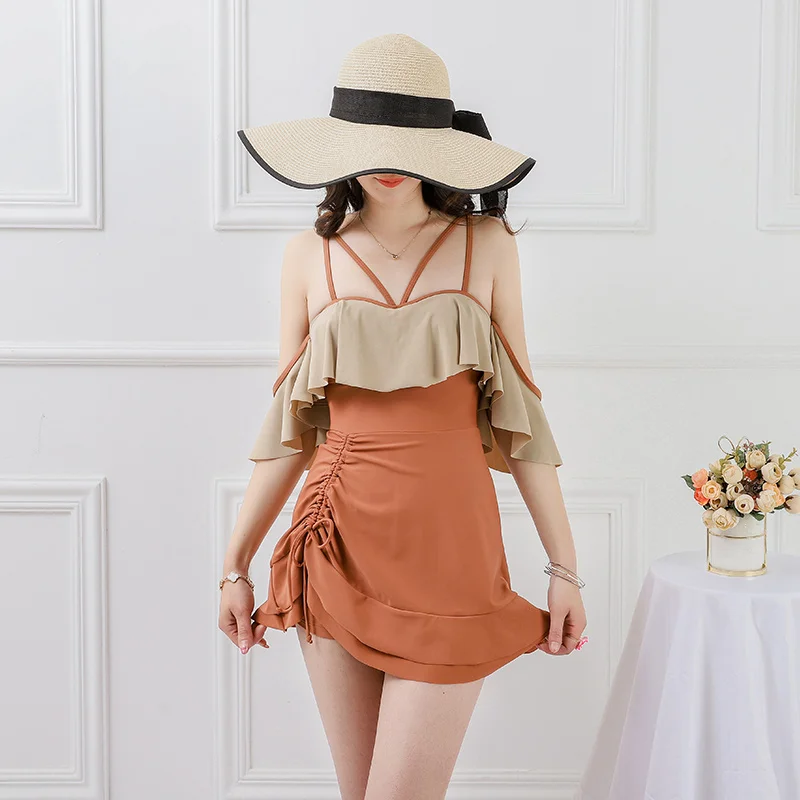 

Women's Fashion Swimming Dress One Piece Off Shoulder Simsuits Backless High Waist Beach Suits Cover-up Costume De Baie Femei