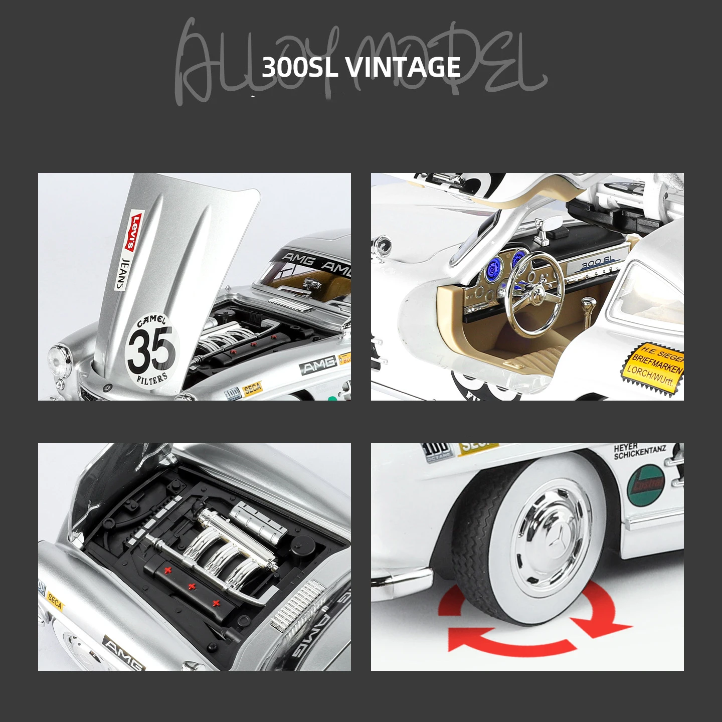 Фото НОВЫЙ 1:18 Benzs 300SL модель автомобиля из сплава, звук и свет, детская игрушка, коллекционные предметы, подарок на день рождения №3