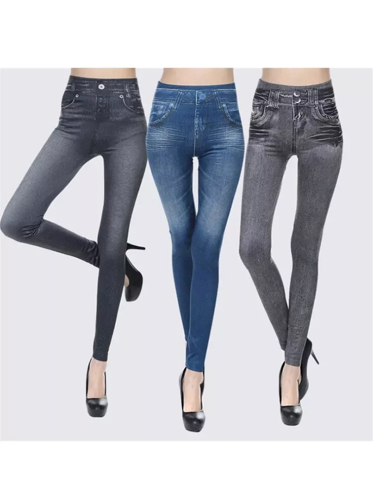 

2022New Women Fitness Leggings Sexy Leggins Casual Push Up Jeggings High Waist Trousers Faux Denim Pants Elastic Blue Gray