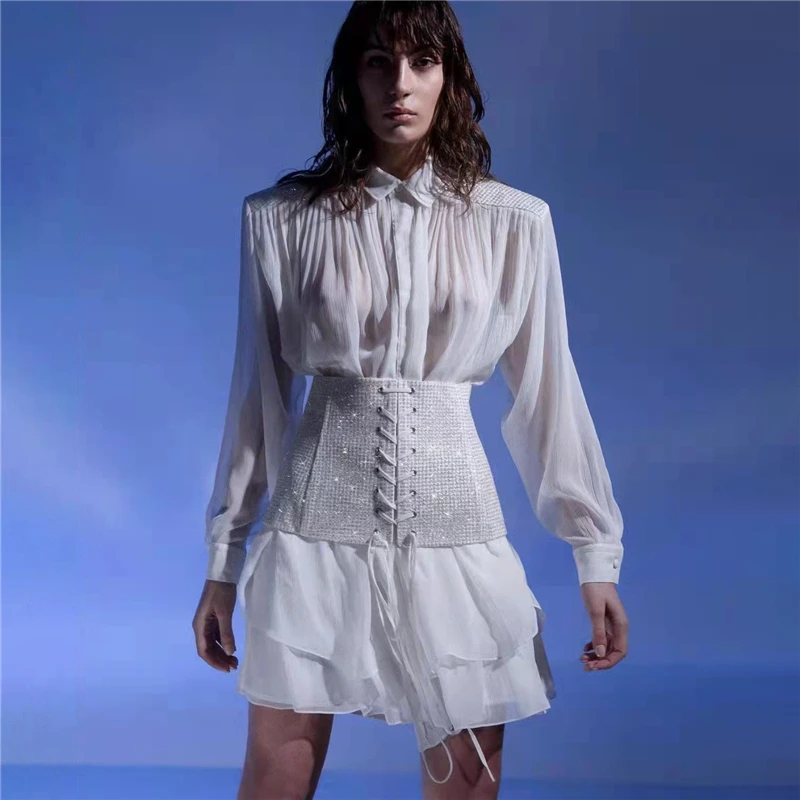 

2022 Spring/Summer New Chiffon Lapel Long Sleeve Single Breasted Shirt Dress High Quality Lace Up Waist Two Piece Fashion Dress