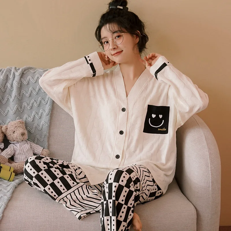 Women's pajamas, spring and autumn cotton long suit, household clothes, collarless cardigan, lovely style, can be worn outside
