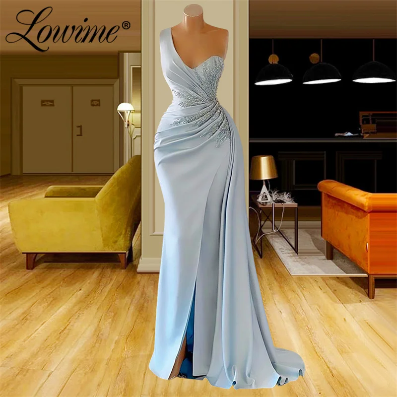 

Lowime On Sale Blue Party Dresses 2022 Cheap Evening Dresses Long Sleeveless Beading Pleats Mermaid Women Evening Wear Prom Gown
