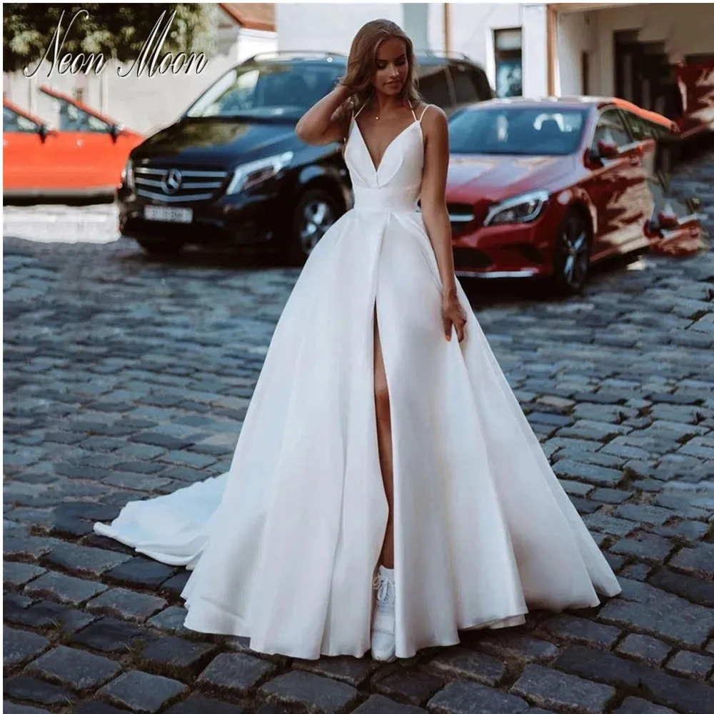 

Romantic V-neck Wedding Dress For Women Sleeveless A-line Backless Spaghetti Straps Split Side Stylish Train Vestido De Noiva