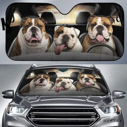 

Tongue Out Bulldog Family Driving Dad Mom Child Dog Lover Car Sunshade, Gift for Bulldog Mom, Car Windshield Durable Auto Visor