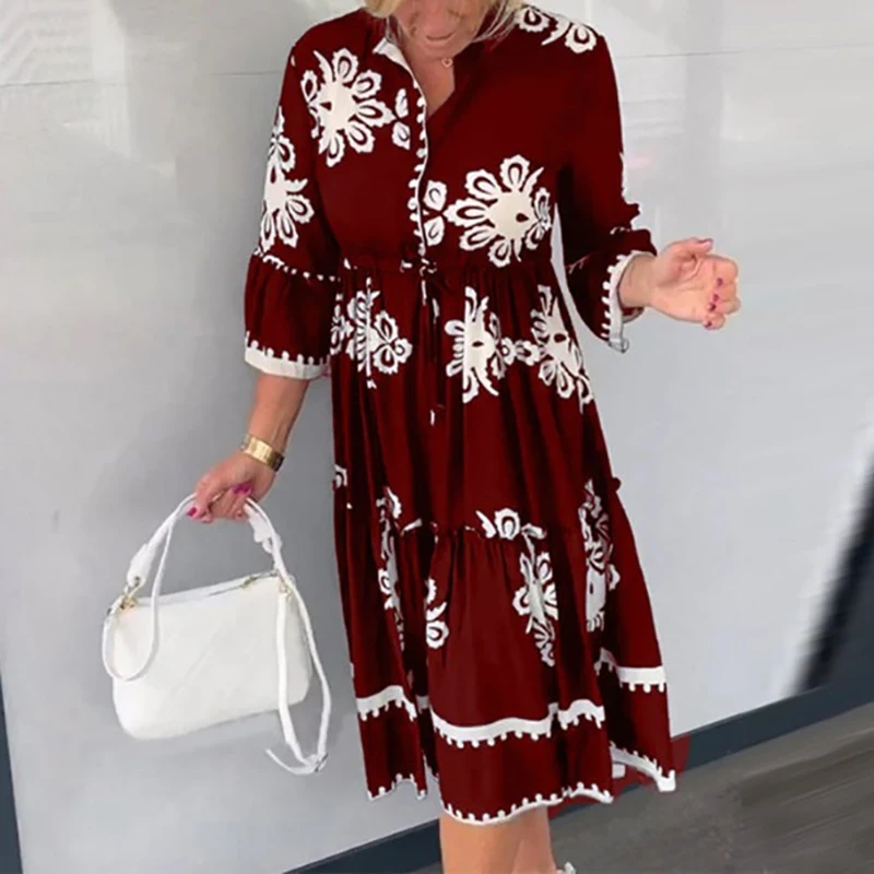 

Fashion Women's O-Neck Lace Up Pleated Office Dress Casual 3/4 Sleeve Bohemian Midi Dress Summer Pattern Printed Vintage Dress