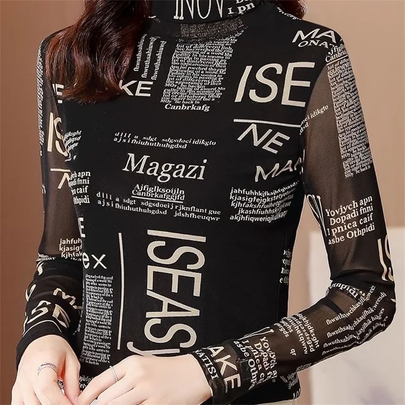 

Женская демисезонная стильная сетчатая Повседневная Водолазка с длинным рукавом и надписью, блузы, топы DD9545