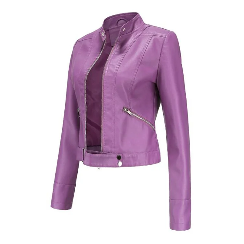 

Women's Leather Jacket Autumn Spring Women Moto Biker Zipper Jacket Purple Violet Red Coffee Women Coat Fashion Veste Cuir Femme