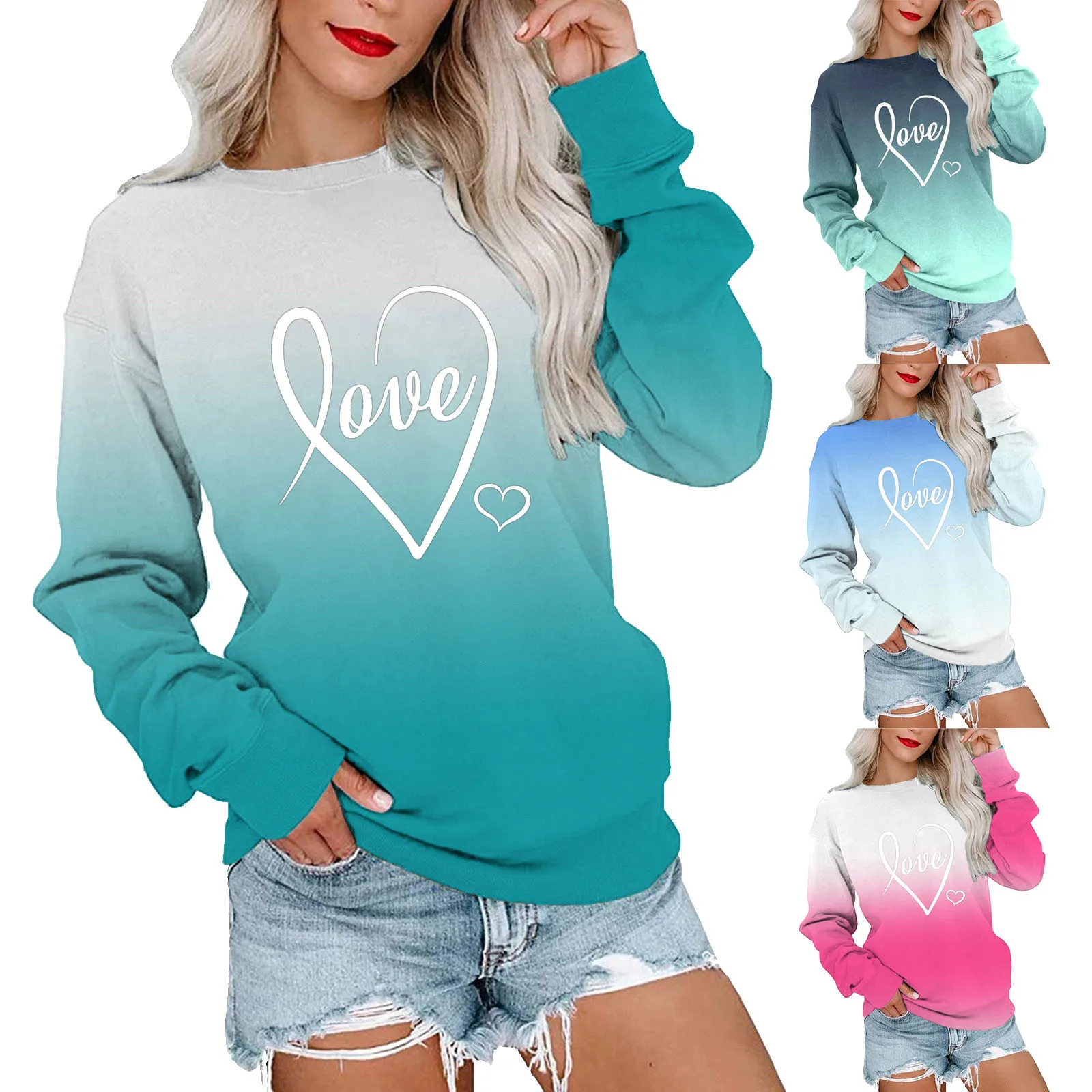 

Fall Sweatshirts Women Valentine's Day For Womens Fashion Love Printing Gradient Long Sleeve Round Neck Womens Pullover Fleece