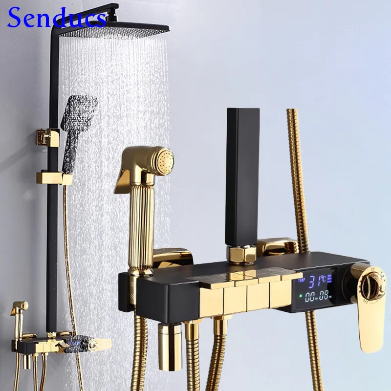 

Piano Digital Shower Set with 12 Inch ABS Rainfall Shower Head Copper Bath Bidet Brass Bathtub Faucet Thermostatic Shower System