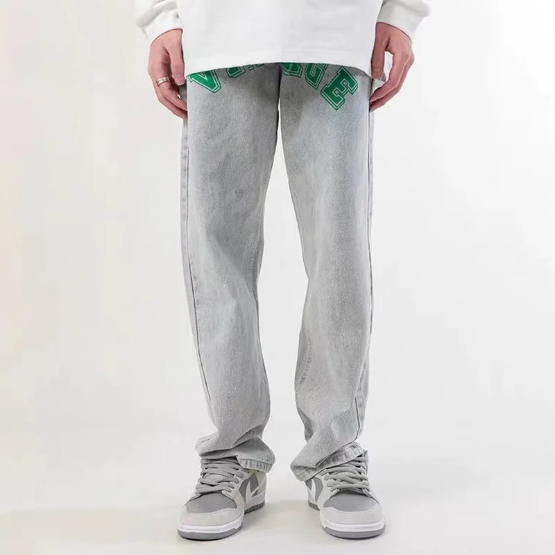 Four seasons new men's jeans loose straight print hip hop street retro trousers fashion streetwear trend men ins hot sale JEANS