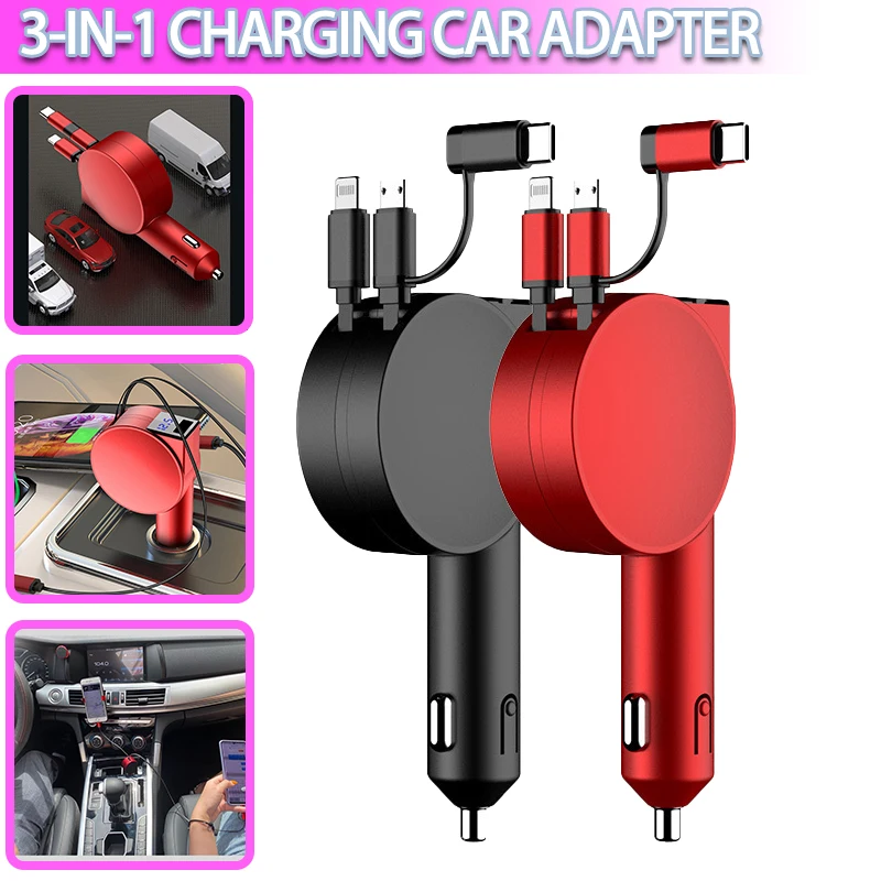 

3in1 Retractable USB Fast Charging Car Charger Power Adapter For iPhone Android Automatic Retractable Cable Widely Compatible