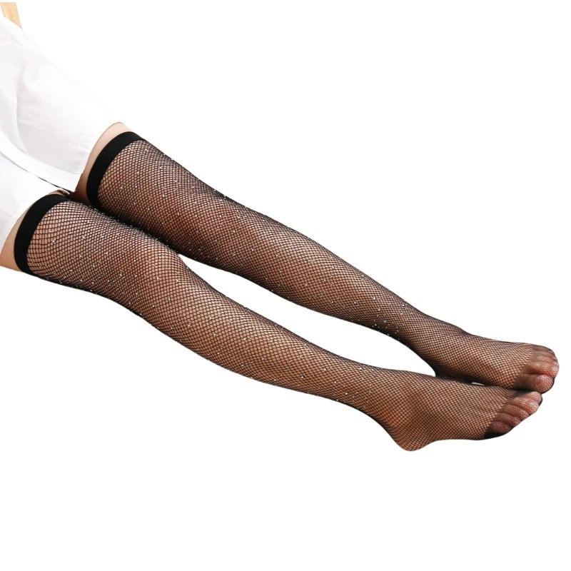 Чулки до бедра в сеточку украшенные блестящими стразами для ночного наряда