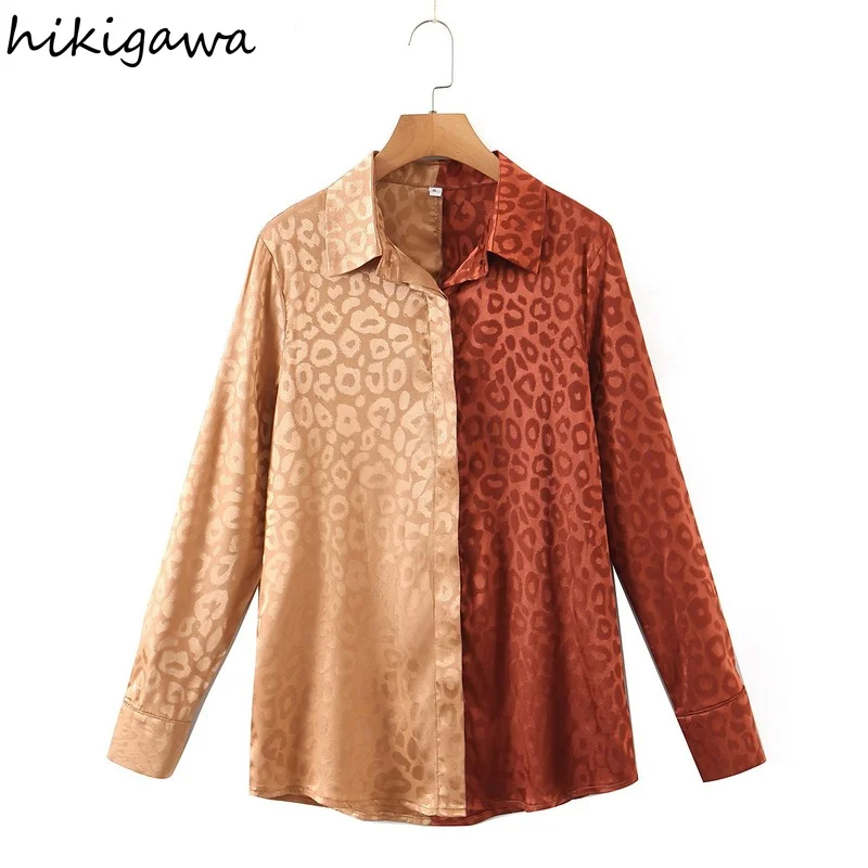 

Hikigawa Chic Fashion Women Tops Covered Button Satin Jacquard Colorblock Casual Shirts Vintage Female Long Sleeve Blouse Mujer