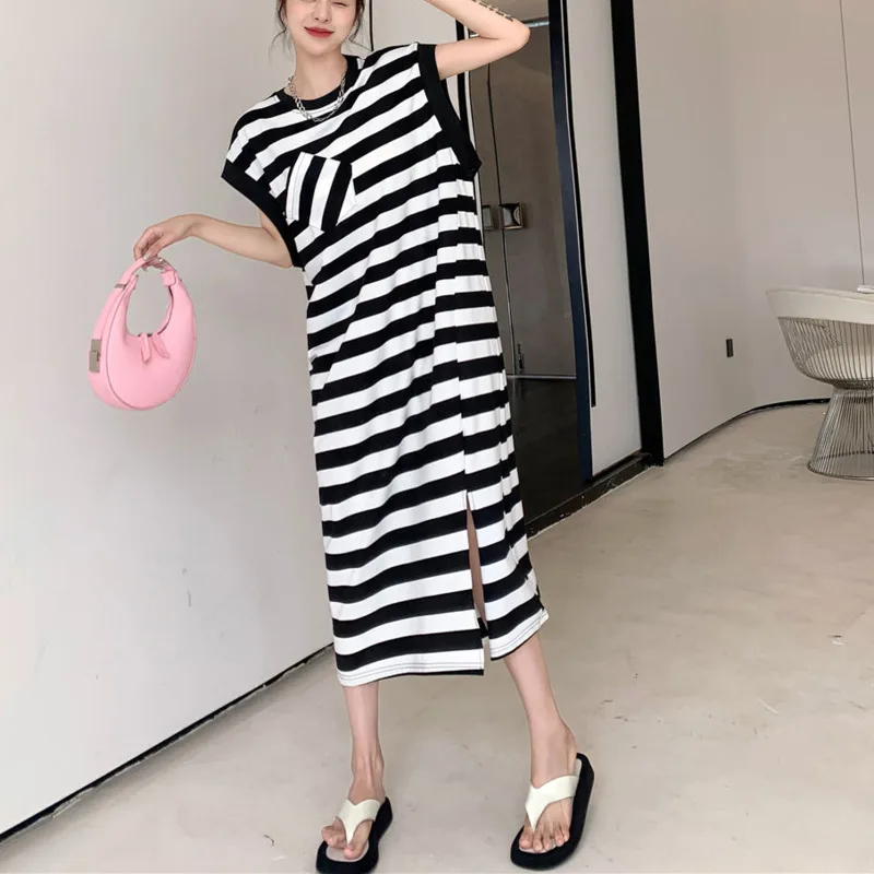 

Женское длинное платье в полоску, повседневное свободное винтажное платье в Корейском стиле без рукавов с косым карманом и разрезом, лето ...