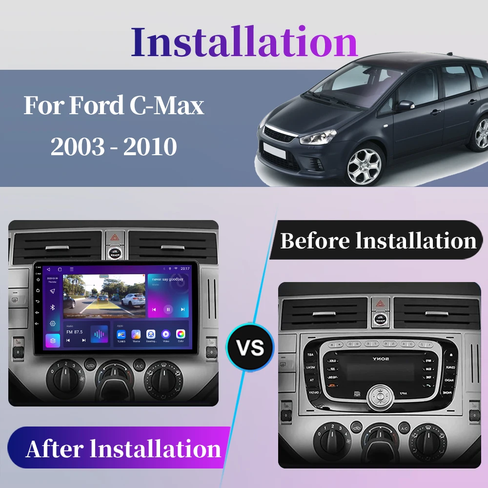 Фото Автомагнитола Android для Ford C-MAX 2003 2004 2005 2006 2007 2008 2009 2010 с GPS-навигацией, CarPlay, сенсорным экраном и интеллектуальными системами. №2