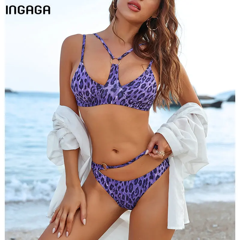 

INGAGA Sexy Leopard Bikini Women's Swimsuit Cut Out Swimwear Women 2022 New Ring Linked Biquini Beachwear New Bathing Suit Woman