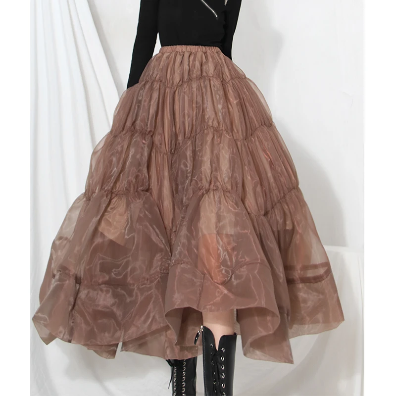 

2022 2022 Spring autumn Skirt Women All-match Chiffon High Waist Brown Ruffled Midi Skirts Streetwear 2D1326