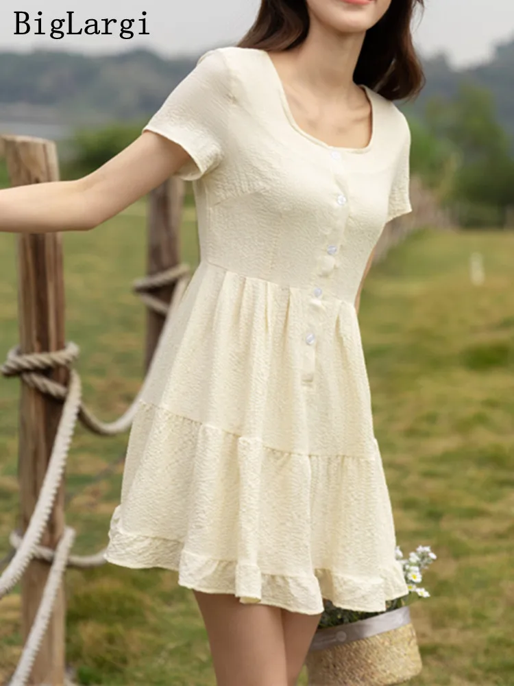 

Женское Плиссированное мини-платье, повседневное элегантное офисное платье с коротким рукавом и оборками в Корейском стиле, лето 2022