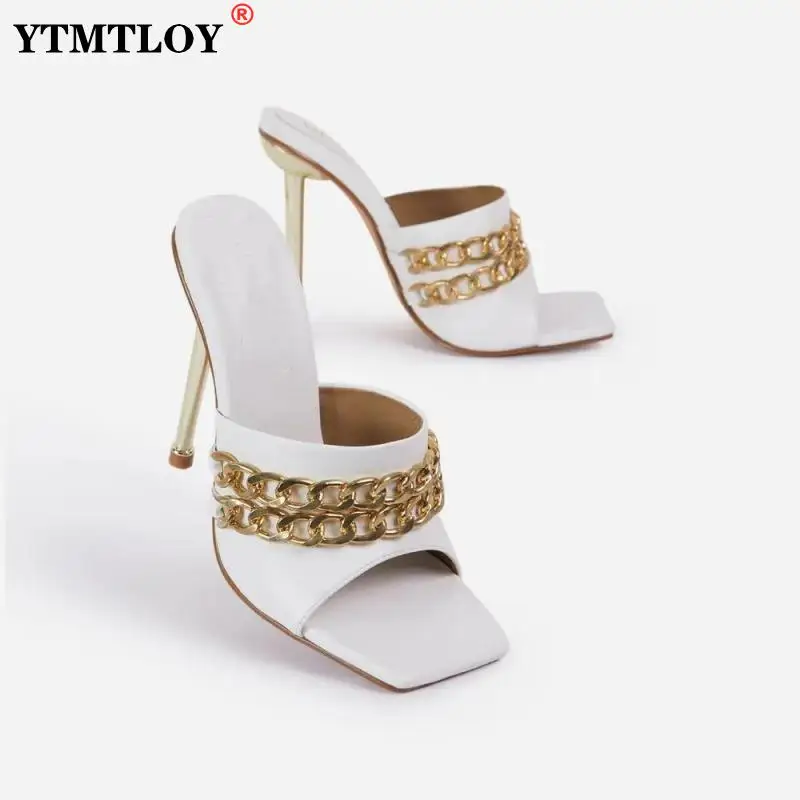 

Сандалии-гладиаторы женские на высоком тонком каблуке, босоножки с цепочкой и квадратным носком, пикантные тапочки с открытым носком, для у...